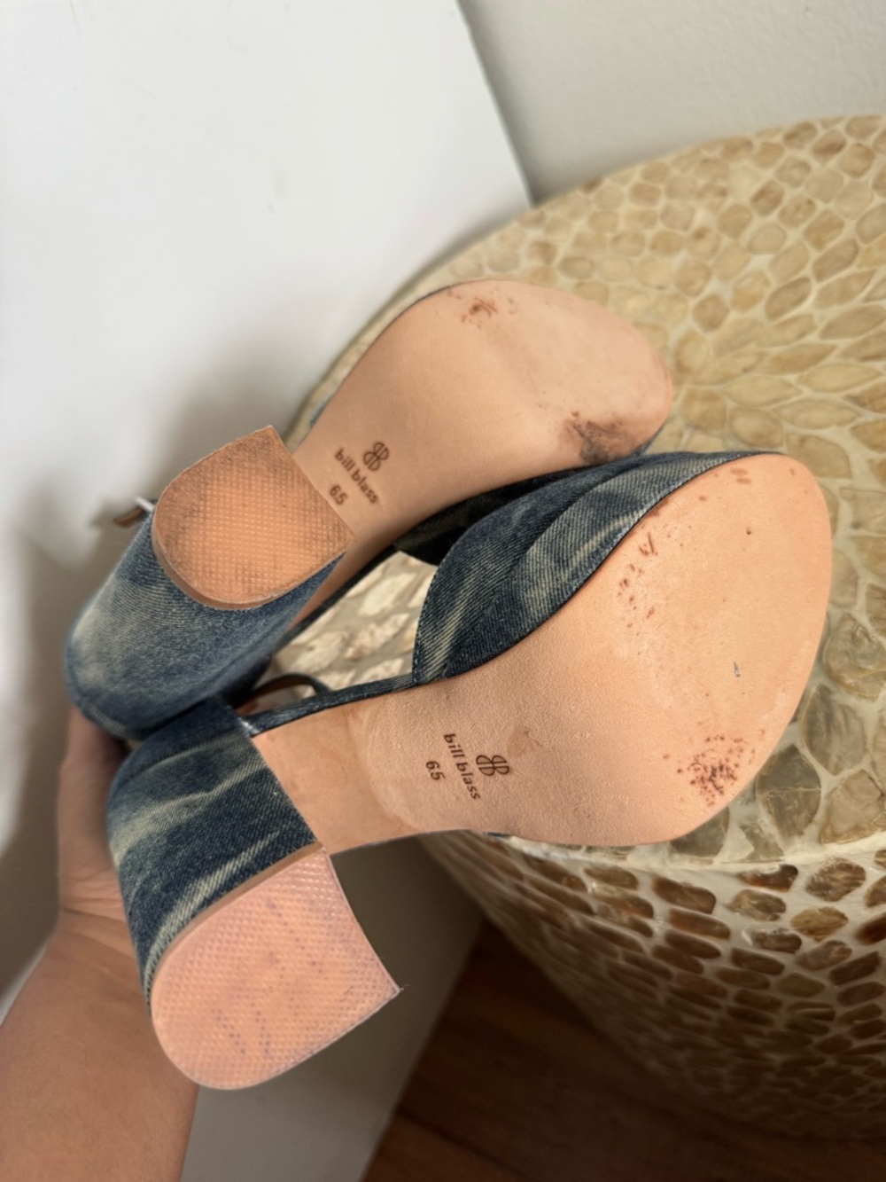 Bill Blass Blue Ellie Bleached Denim Tie-Dye Platform Ankle-Strap Heels - Picture 13 of 15